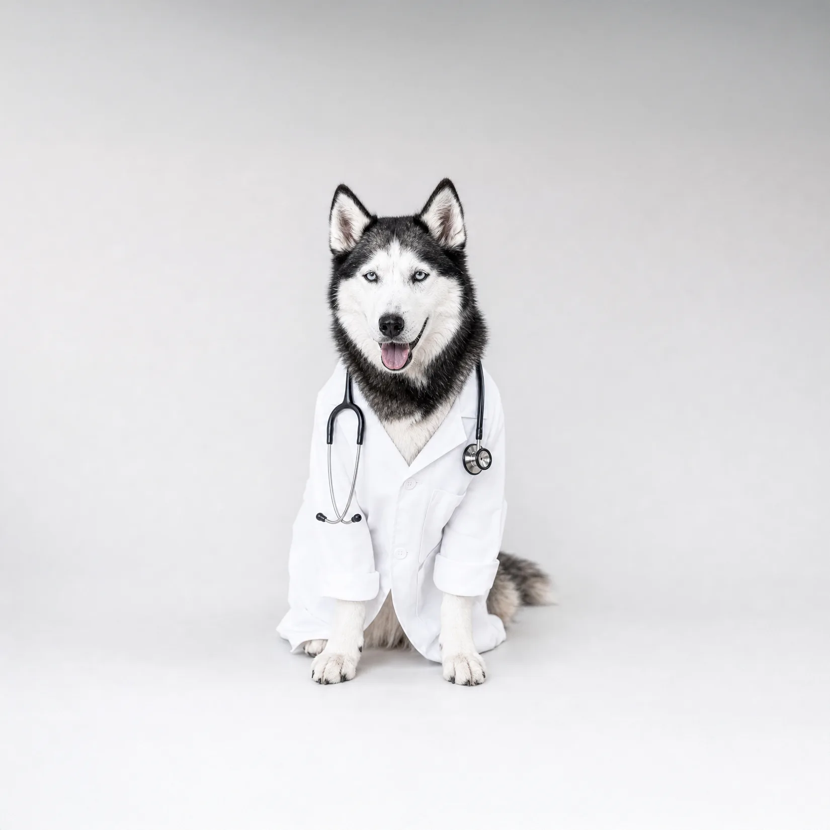 Husky im Arztkittel